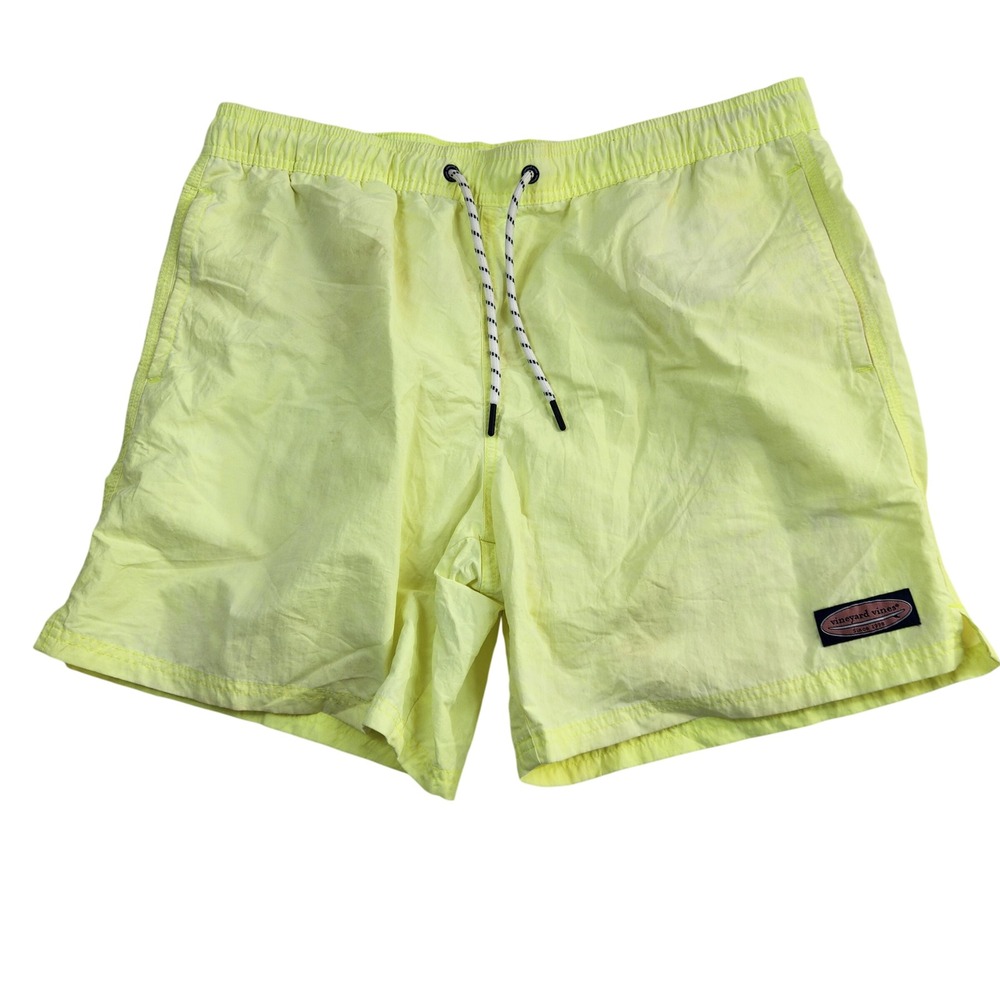 Vineyard Vines Mens Neon Yellow Nylon Swim Trunks Board Shorts Size Large *Stain